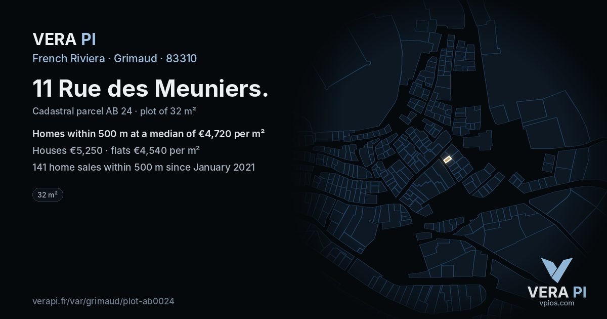 11 Rue des Meuniers, Grimaud at night – the plot lit, the parcels around coloured by the prices near them