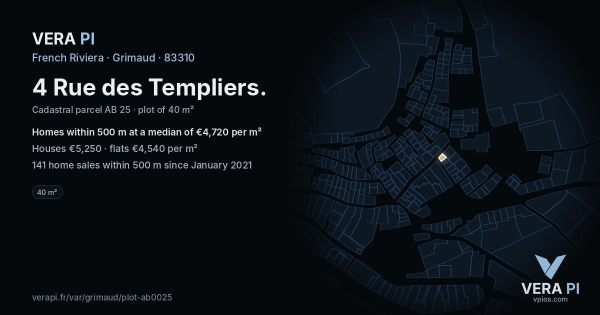 4 Rue des Templiers, Grimaud at night – the plot lit, the parcels around coloured by the prices near them