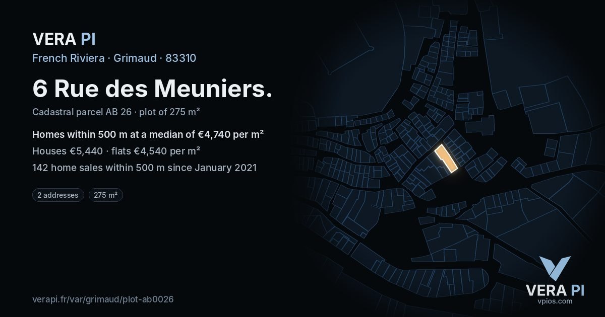 6 Rue des Meuniers, Grimaud at night – the plot lit, the parcels around coloured by the prices near them