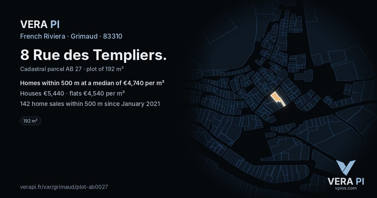 8 Rue des Templiers, Grimaud at night – the plot lit, the parcels around coloured by the prices near them