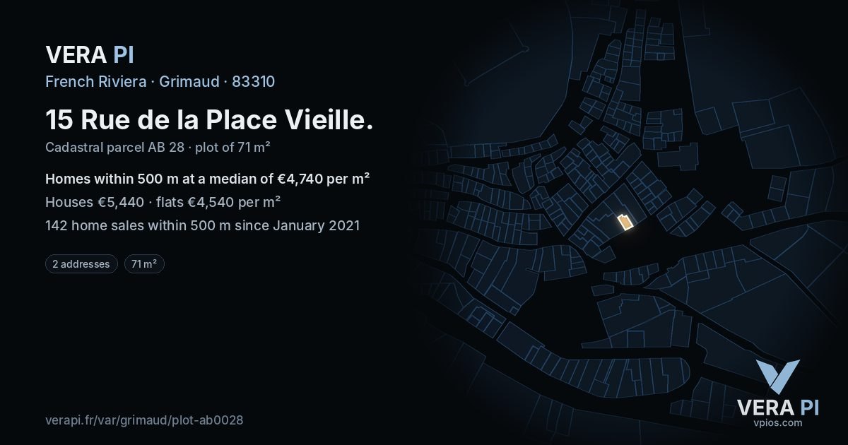 15 Rue de la Place Vieille, Grimaud at night – the plot lit, the parcels around coloured by the prices near them