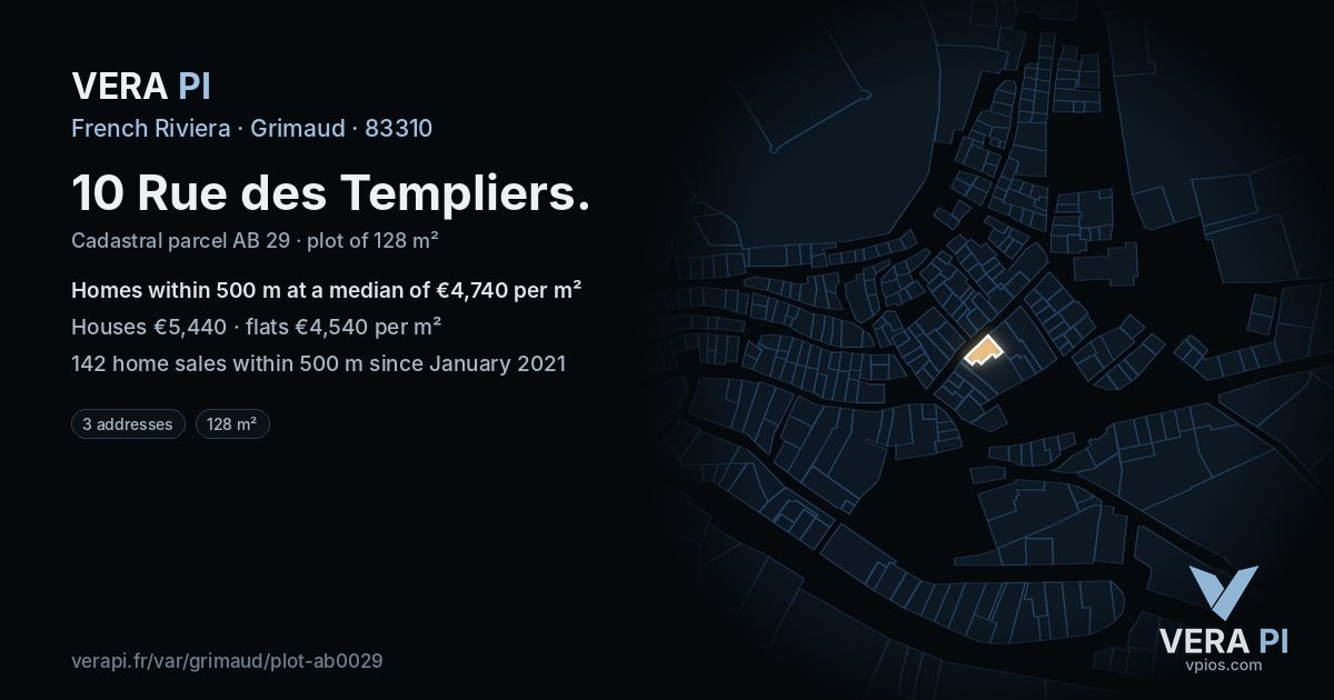 10 Rue des Templiers, Grimaud at night – the plot lit, the parcels around coloured by the prices near them