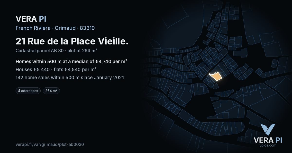 21 Rue de la Place Vieille, Grimaud at night – the plot lit, the parcels around coloured by the prices near them