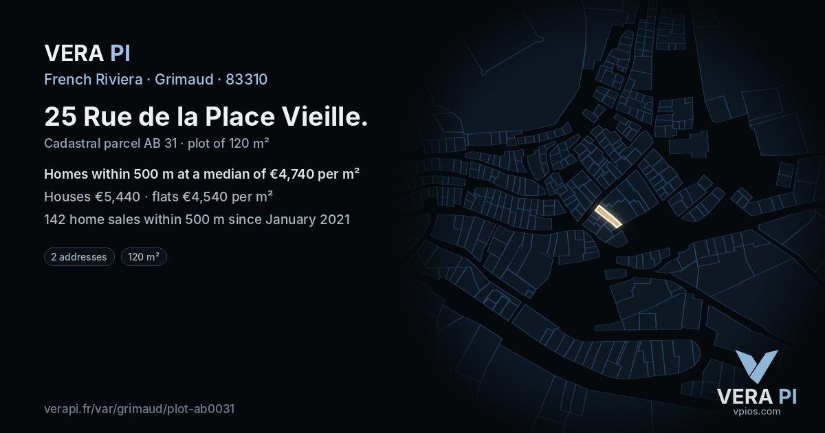 25 Rue de la Place Vieille, Grimaud at night – the plot lit, the parcels around coloured by the prices near them