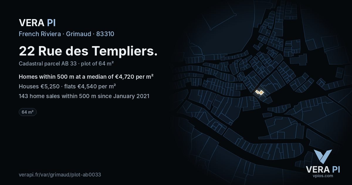 22 Rue des Templiers, Grimaud at night – the plot lit, the parcels around coloured by the prices near them