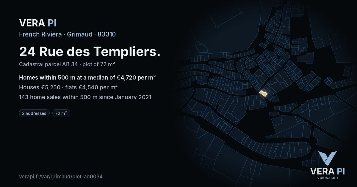 24 Rue des Templiers, Grimaud at night – the plot lit, the parcels around coloured by the prices near them