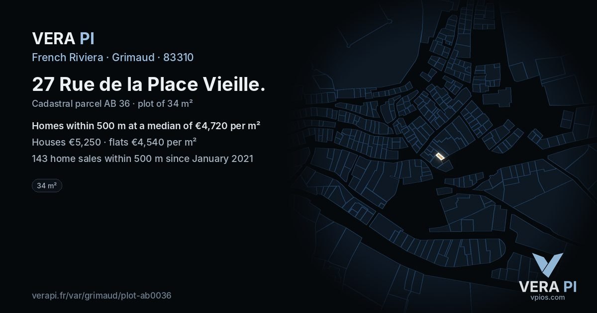 27 Rue de la Place Vieille, Grimaud at night – the plot lit, the parcels around coloured by the prices near them