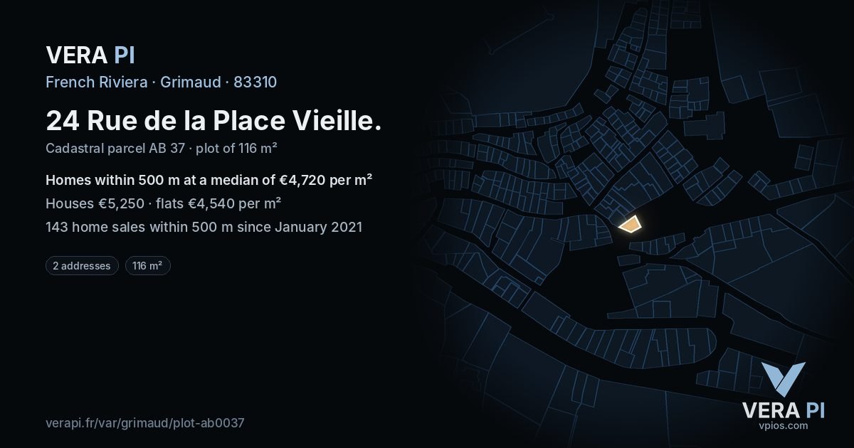 24 Rue de la Place Vieille, Grimaud at night – the plot lit, the parcels around coloured by the prices near them