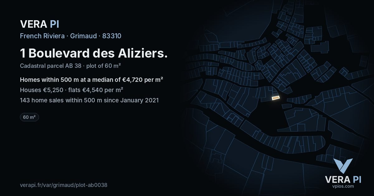 1 Boulevard des Aliziers, Grimaud at night – the plot lit, the parcels around coloured by the prices near them