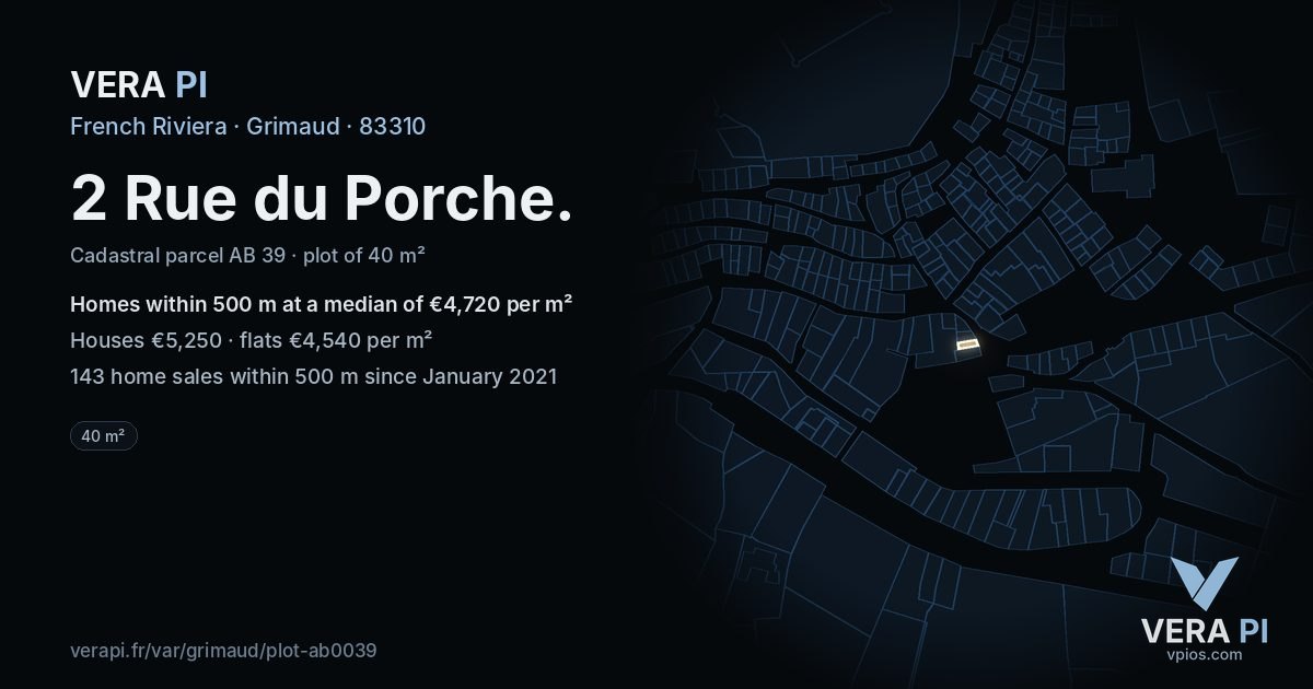 2 Rue du Porche, Grimaud at night – the plot lit, the parcels around coloured by the prices near them