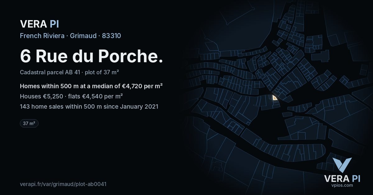 6 Rue du Porche, Grimaud at night – the plot lit, the parcels around coloured by the prices near them