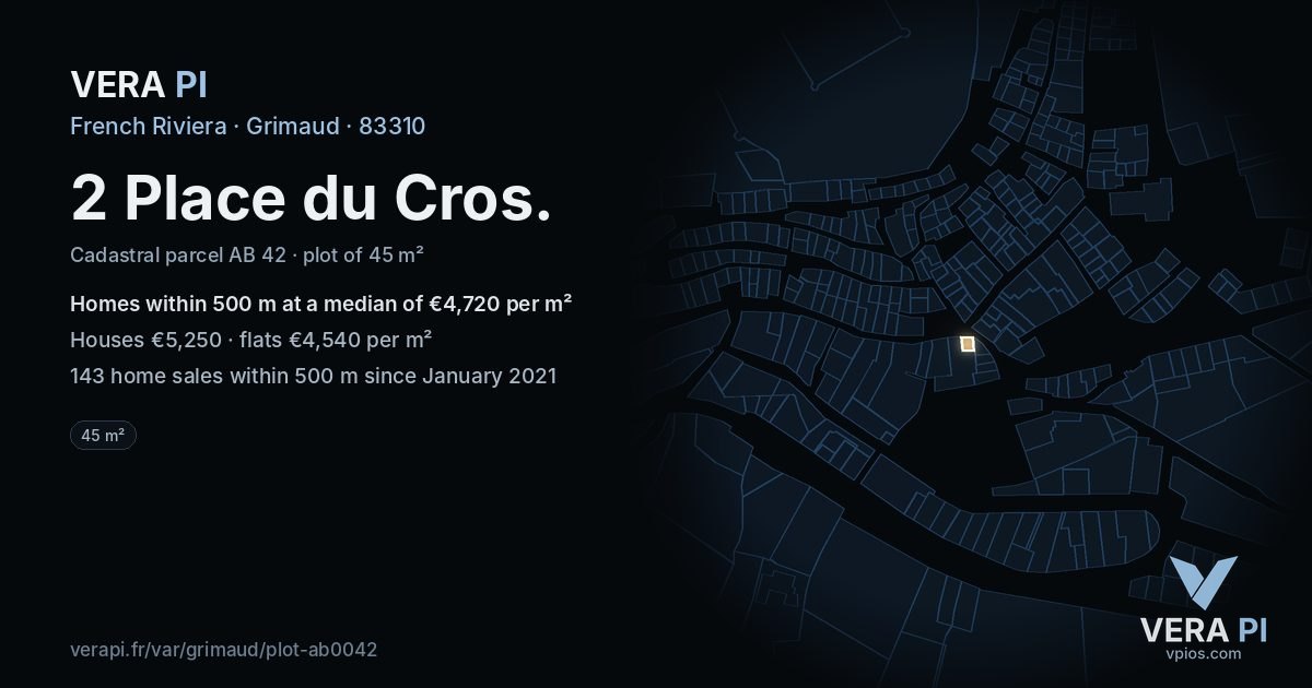 2 Place du Cros, Grimaud at night – the plot lit, the parcels around coloured by the prices near them