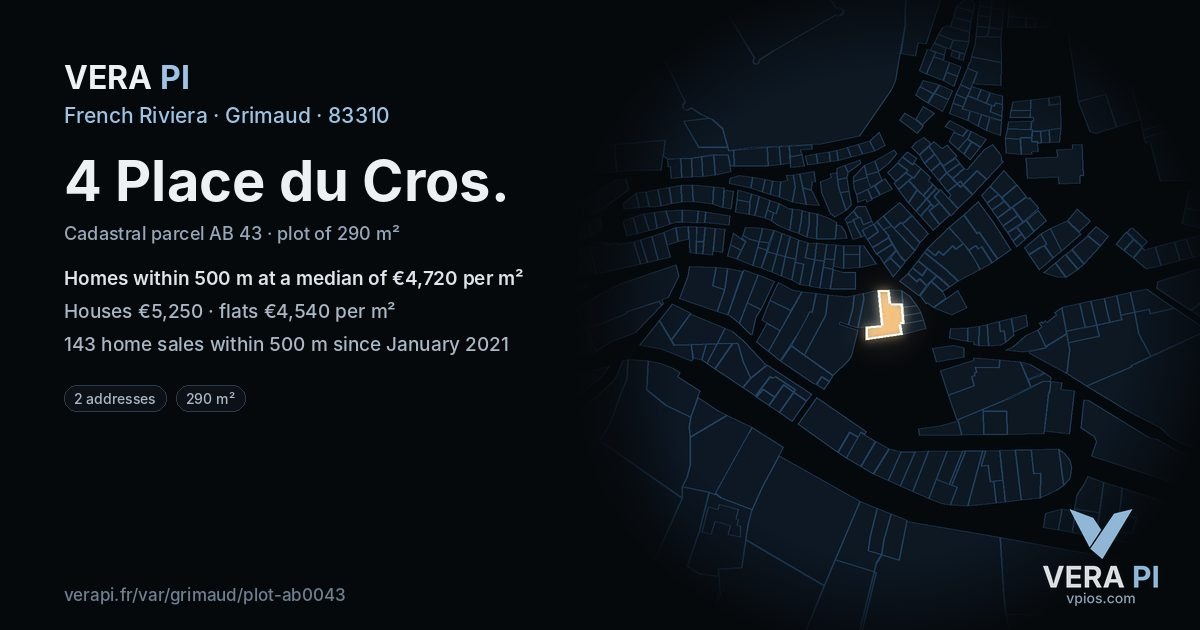 4 Place du Cros, Grimaud at night – the plot lit, the parcels around coloured by the prices near them