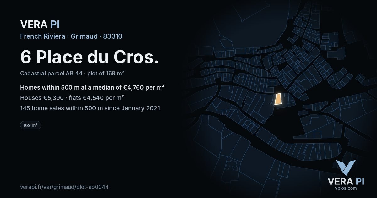 6 Place du Cros, Grimaud at night – the plot lit, the parcels around coloured by the prices near them