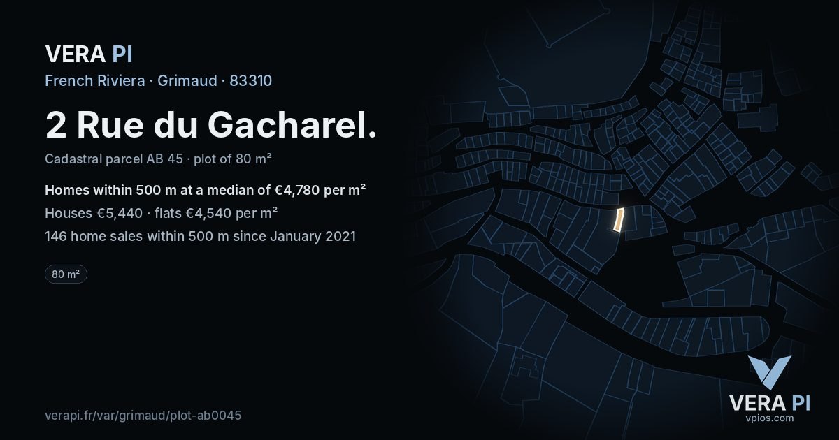 2 Rue du Gacharel, Grimaud at night – the plot lit, the parcels around coloured by the prices near them