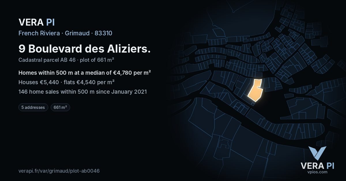 9 Boulevard des Aliziers, Grimaud at night – the plot lit, the parcels around coloured by the prices near them