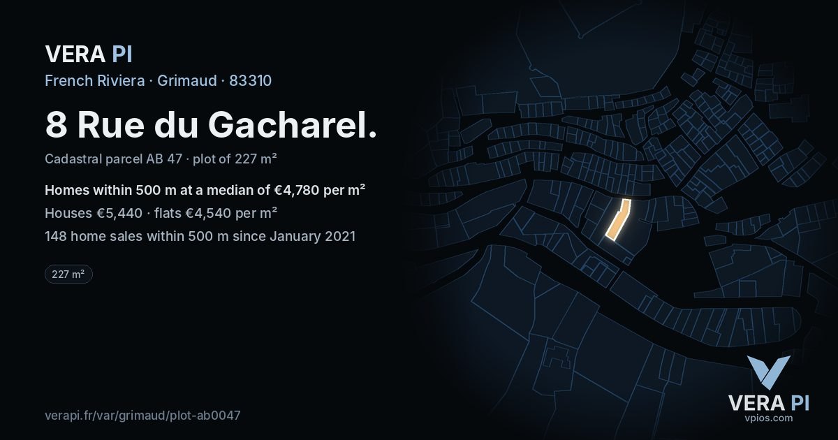 8 Rue du Gacharel, Grimaud at night – the plot lit, the parcels around coloured by the prices near them