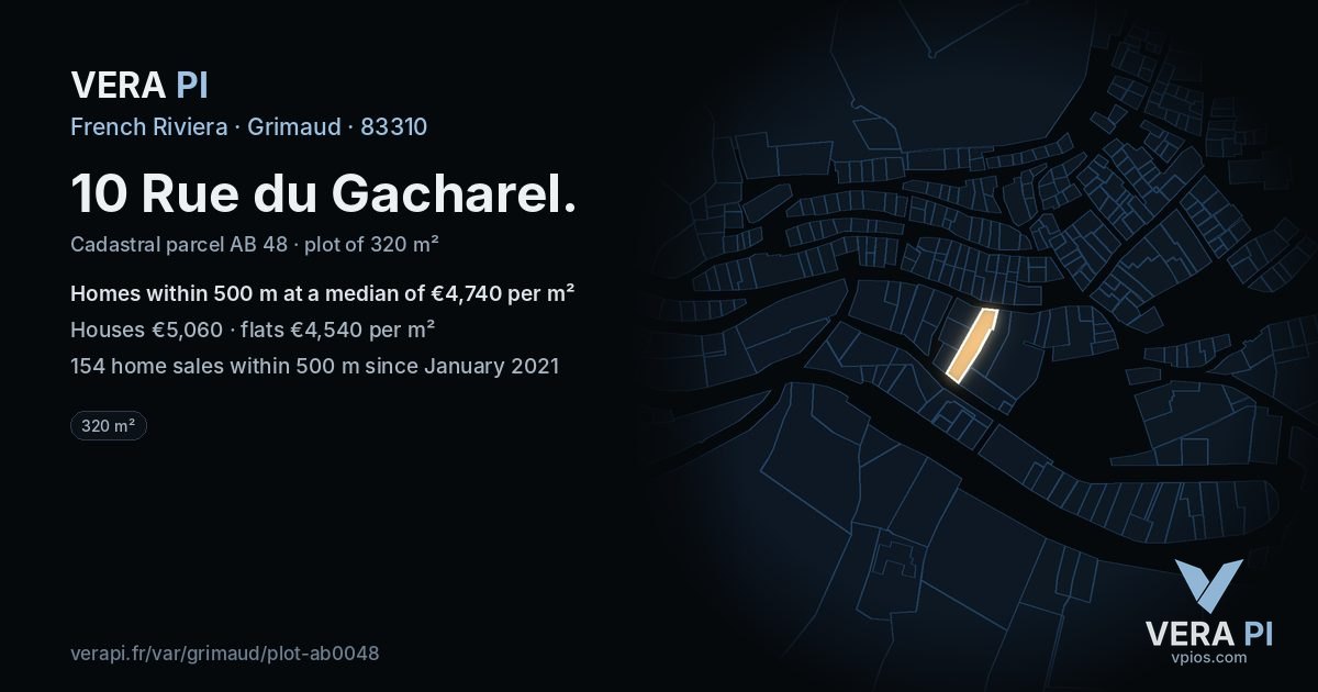 10 Rue du Gacharel, Grimaud at night – the plot lit, the parcels around coloured by the prices near them