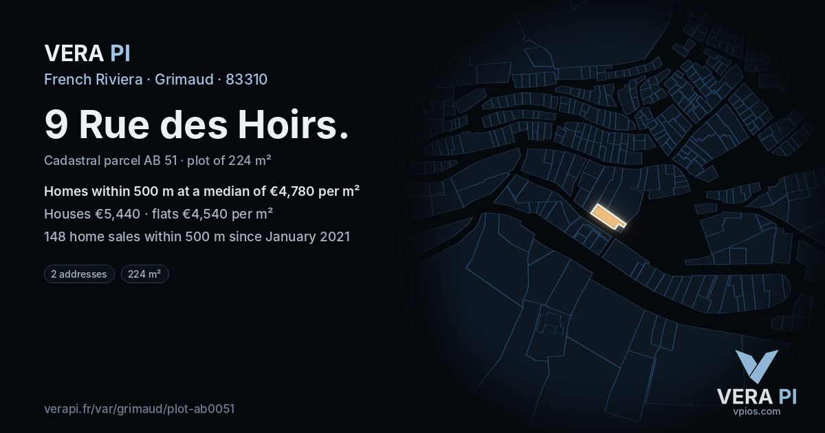 9 Rue des Hoirs, Grimaud at night – the plot lit, the parcels around coloured by the prices near them