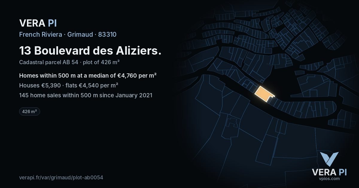 13 Boulevard des Aliziers, Grimaud at night – the plot lit, the parcels around coloured by the prices near them
