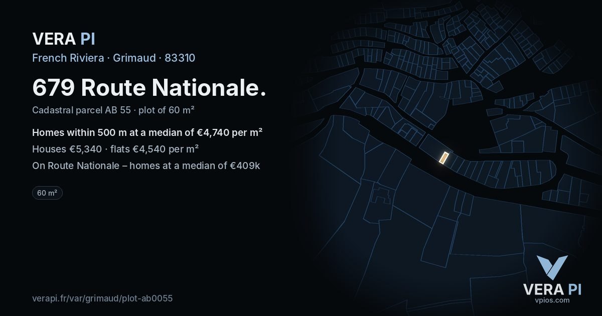 679 Route Nationale, Grimaud at night – the plot lit, the parcels around coloured by the prices near them