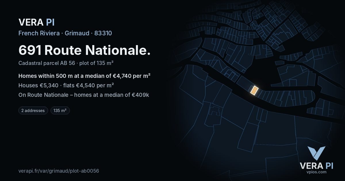 691 Route Nationale, Grimaud at night – the plot lit, the parcels around coloured by the prices near them