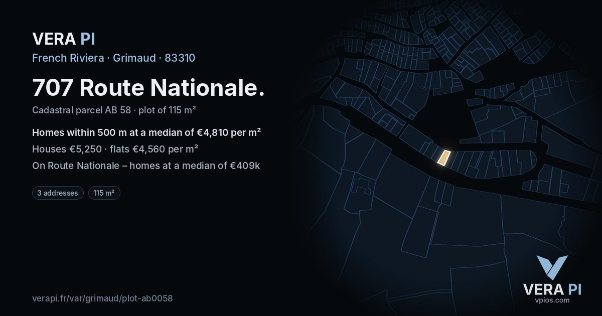 707 Route Nationale, Grimaud at night – the plot lit, the parcels around coloured by the prices near them