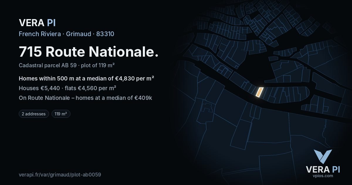 715 Route Nationale, Grimaud at night – the plot lit, the parcels around coloured by the prices near them