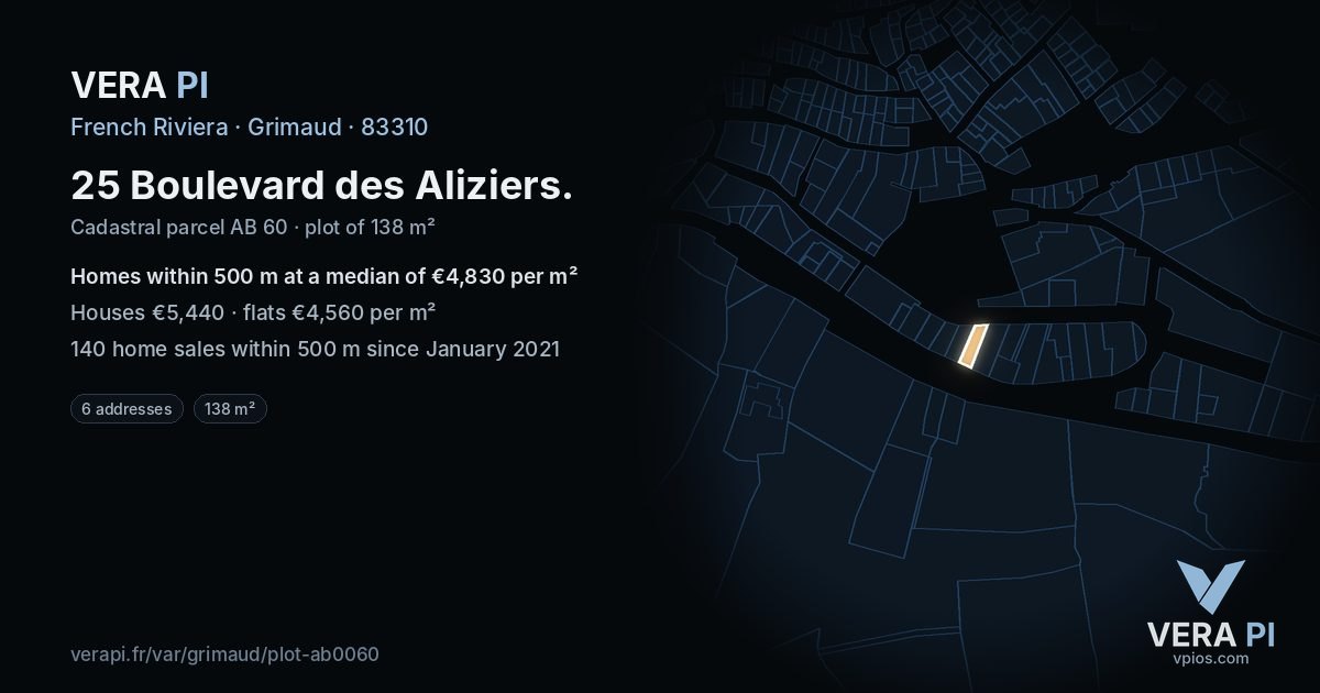 25 Boulevard des Aliziers, Grimaud at night – the plot lit, the parcels around coloured by the prices near them