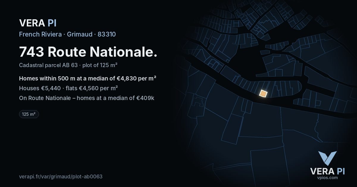 743 Route Nationale, Grimaud at night – the plot lit, the parcels around coloured by the prices near them