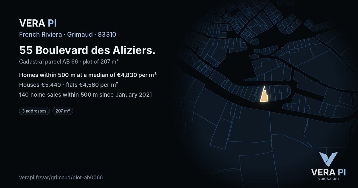 55 Boulevard des Aliziers, Grimaud at night – the plot lit, the parcels around coloured by the prices near them