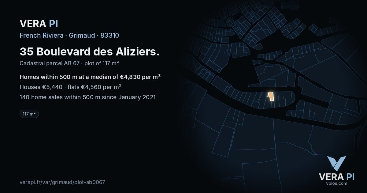 35 Boulevard des Aliziers, Grimaud at night – the plot lit, the parcels around coloured by the prices near them