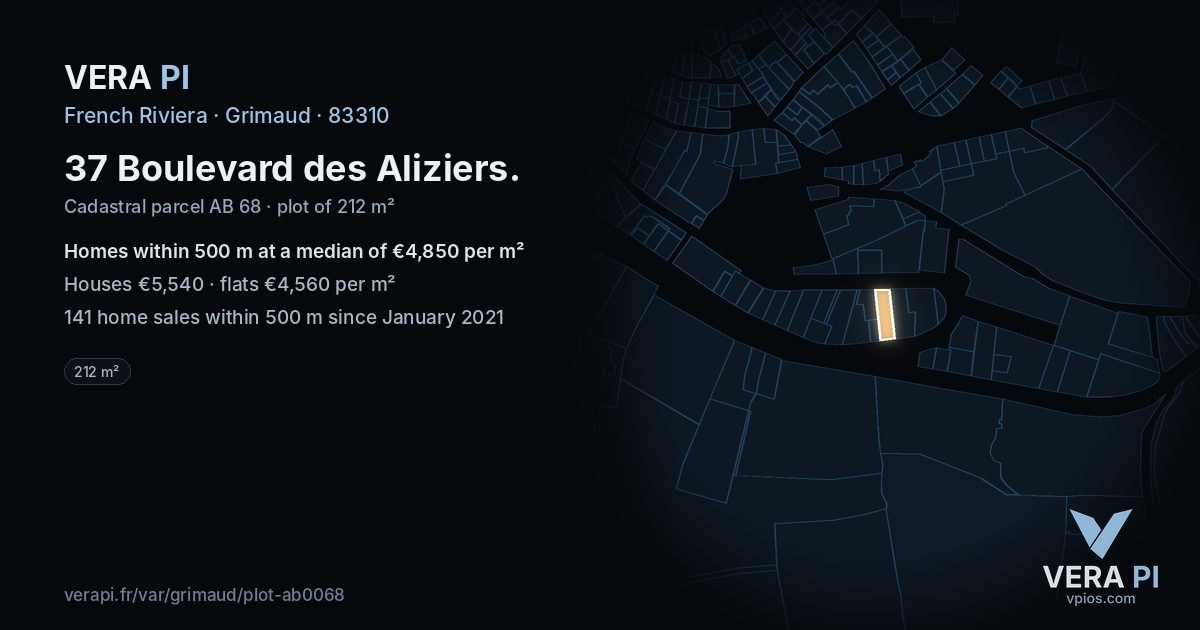 37 Boulevard des Aliziers, Grimaud at night – the plot lit, the parcels around coloured by the prices near them
