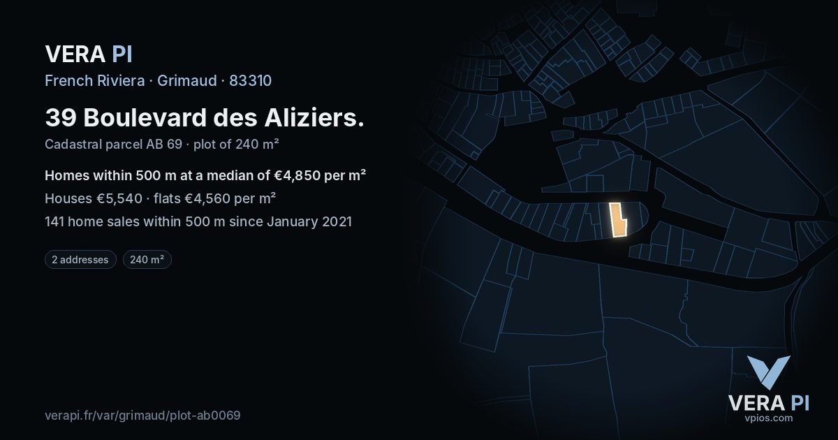 39 Boulevard des Aliziers, Grimaud at night – the plot lit, the parcels around coloured by the prices near them