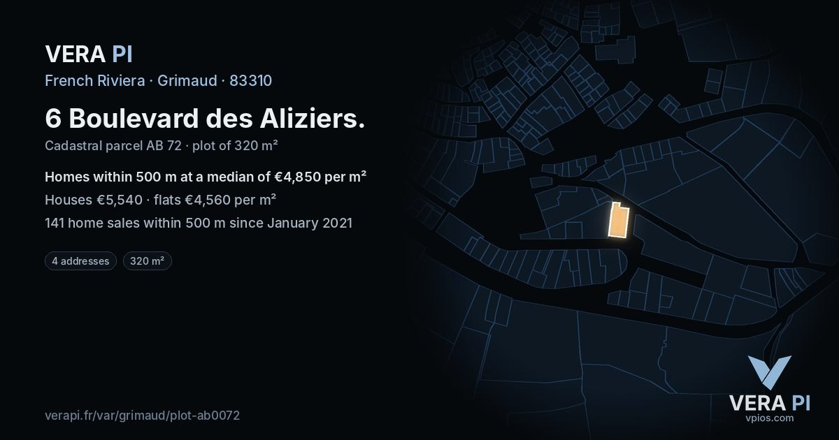 6 Boulevard des Aliziers, Grimaud at night – the plot lit, the parcels around coloured by the prices near them