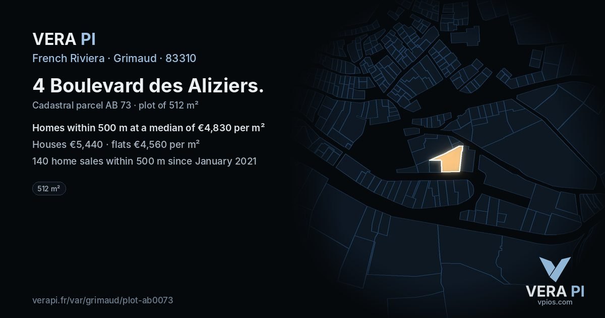 4 Boulevard des Aliziers, Grimaud at night – the plot lit, the parcels around coloured by the prices near them