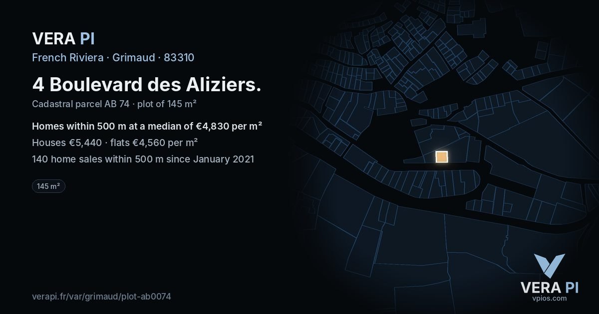 4 Boulevard des Aliziers, Grimaud at night – the plot lit, the parcels around coloured by the prices near them