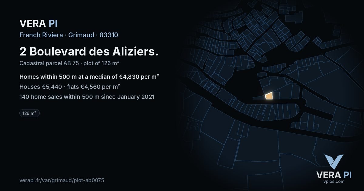 2 Boulevard des Aliziers, Grimaud at night – the plot lit, the parcels around coloured by the prices near them