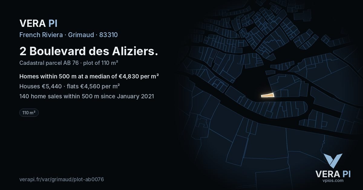 2 Boulevard des Aliziers, Grimaud at night – the plot lit, the parcels around coloured by the prices near them