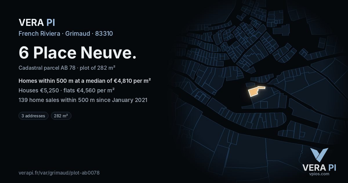 6 Place Neuve, Grimaud at night – the plot lit, the parcels around coloured by the prices near them