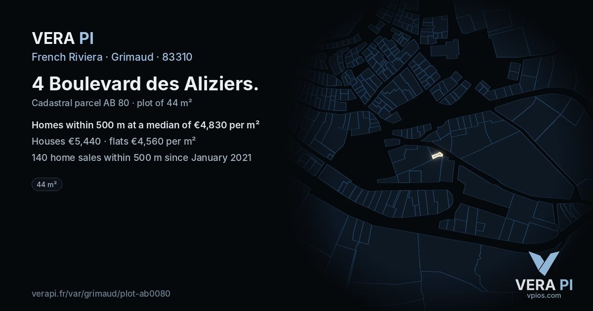 4 Boulevard des Aliziers, Grimaud at night – the plot lit, the parcels around coloured by the prices near them