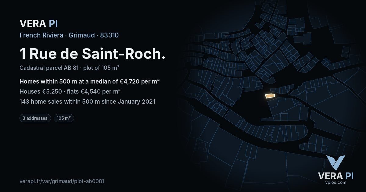 1 Rue de Saint-Roch, Grimaud at night – the plot lit, the parcels around coloured by the prices near them