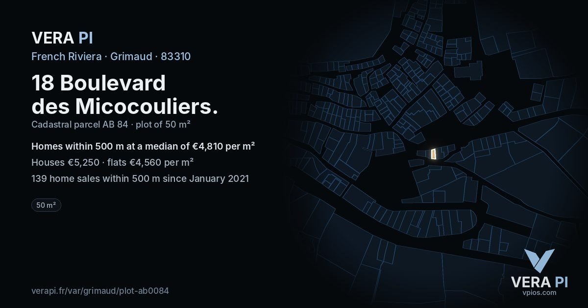 18 Boulevard des Micocouliers, Grimaud at night – the plot lit, the parcels around coloured by the prices near them