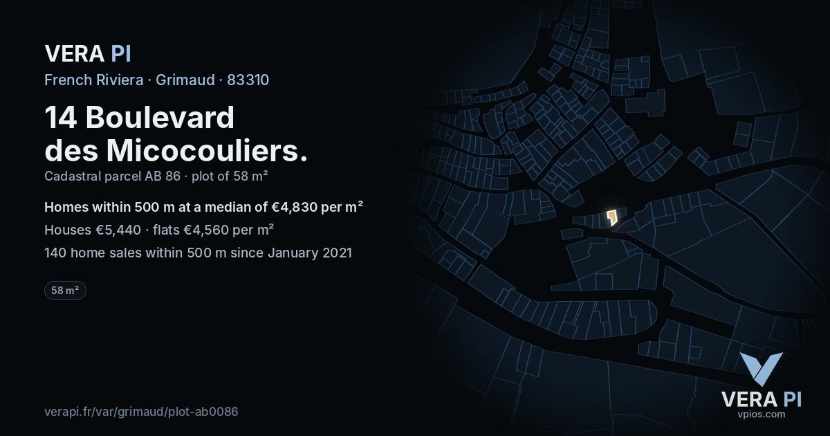 14 Boulevard des Micocouliers, Grimaud at night – the plot lit, the parcels around coloured by the prices near them