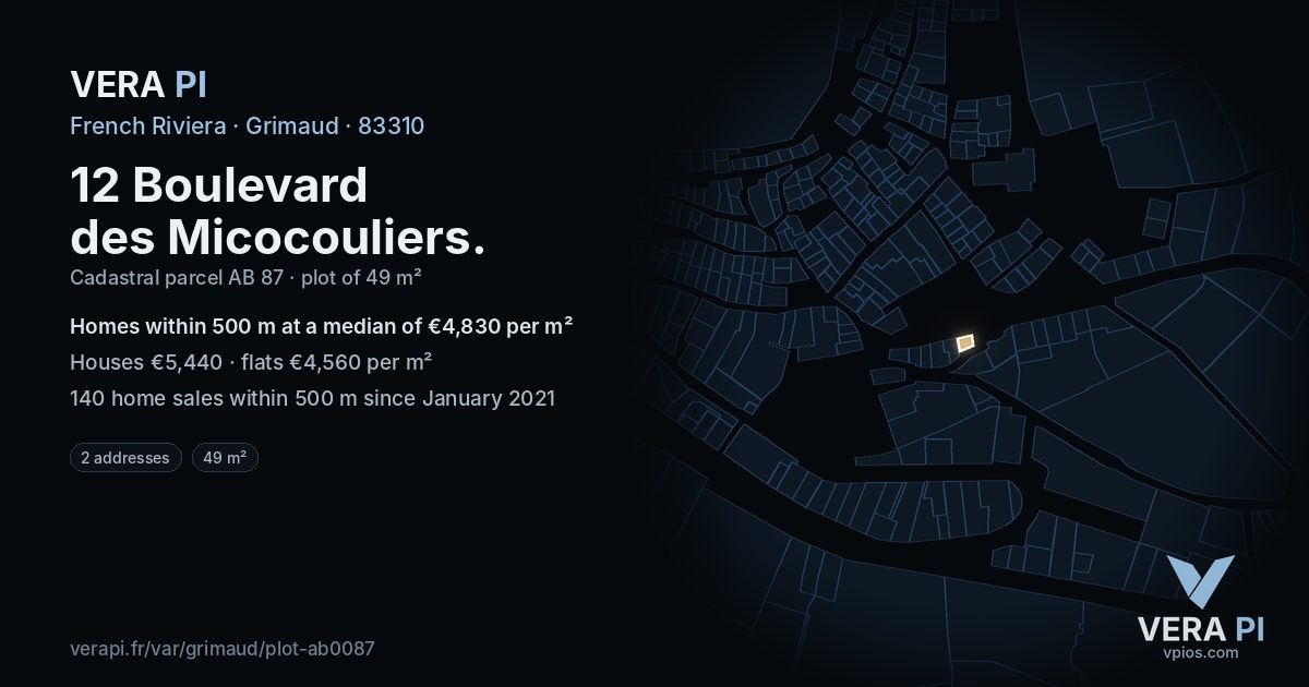 12 Boulevard des Micocouliers, Grimaud at night – the plot lit, the parcels around coloured by the prices near them