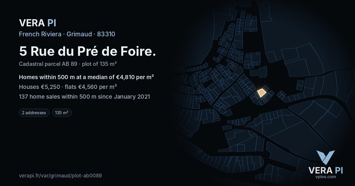 5 Rue du Pré de Foire, Grimaud at night – the plot lit, the parcels around coloured by the prices near them