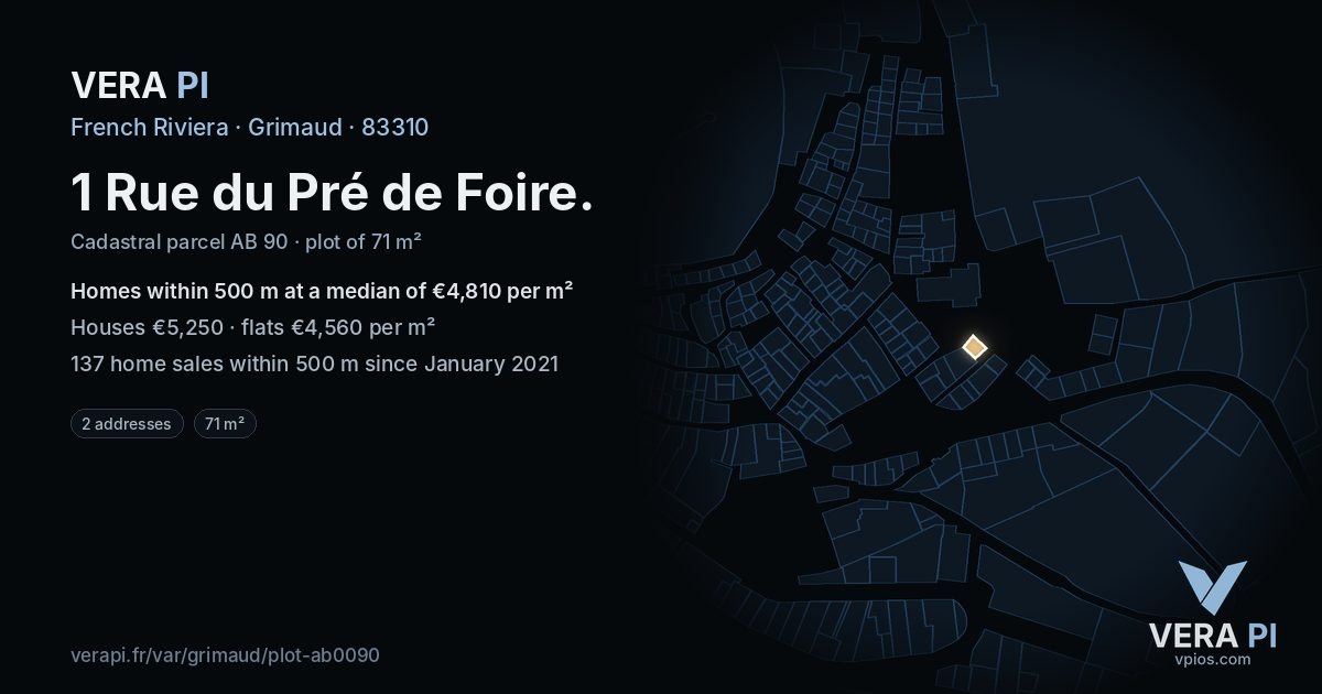 1 Rue du Pré de Foire, Grimaud at night – the plot lit, the parcels around coloured by the prices near them