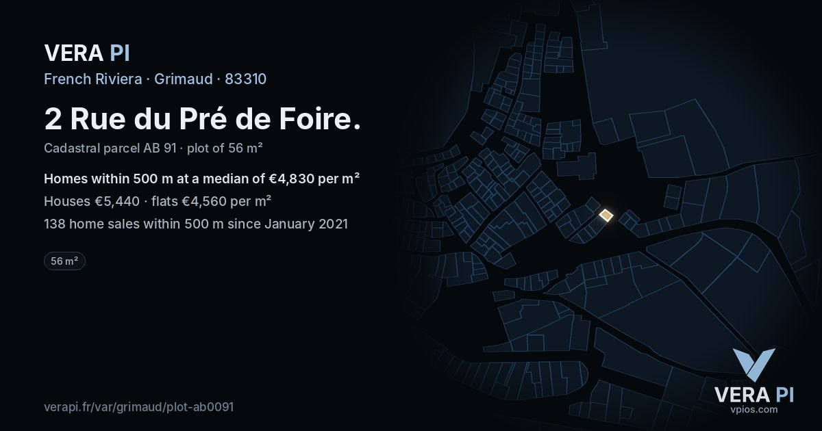 2 Rue du Pré de Foire, Grimaud at night – the plot lit, the parcels around coloured by the prices near them