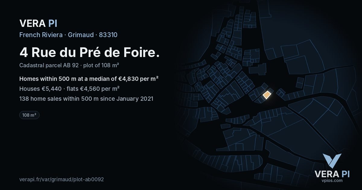 4 Rue du Pré de Foire, Grimaud at night – the plot lit, the parcels around coloured by the prices near them