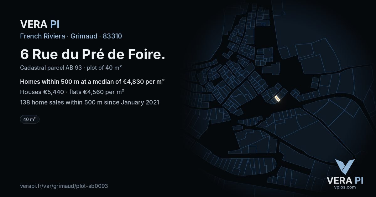 6 Rue du Pré de Foire, Grimaud at night – the plot lit, the parcels around coloured by the prices near them
